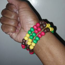 Red, Green, Yellow & Brown Wood Bead Bracelets 