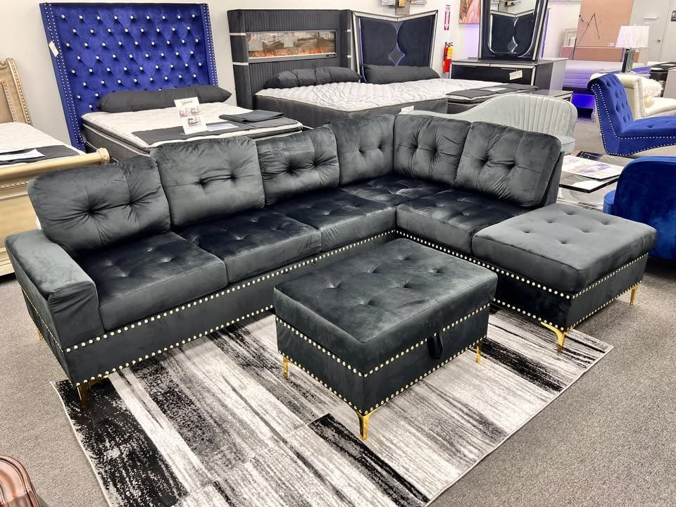 Brand New Contemporary Style Velvet Sectional in Black/Gold with Storage Ottoman