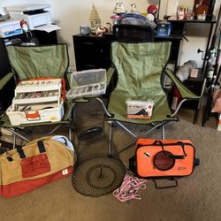 Fishing Gear Set Up- 3 Poles- 3 Folding Chairs (1 not Pictured- New Cast Net-Metal Cast Net- Fishing Tackle