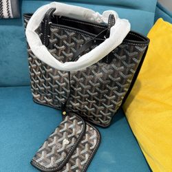 Mini Anjou reversible tote bag in black Goyardine canvas with black leather trim