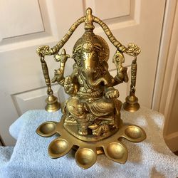 Lord Ganesha brass Hindu statue with 5 diya and 2 bells