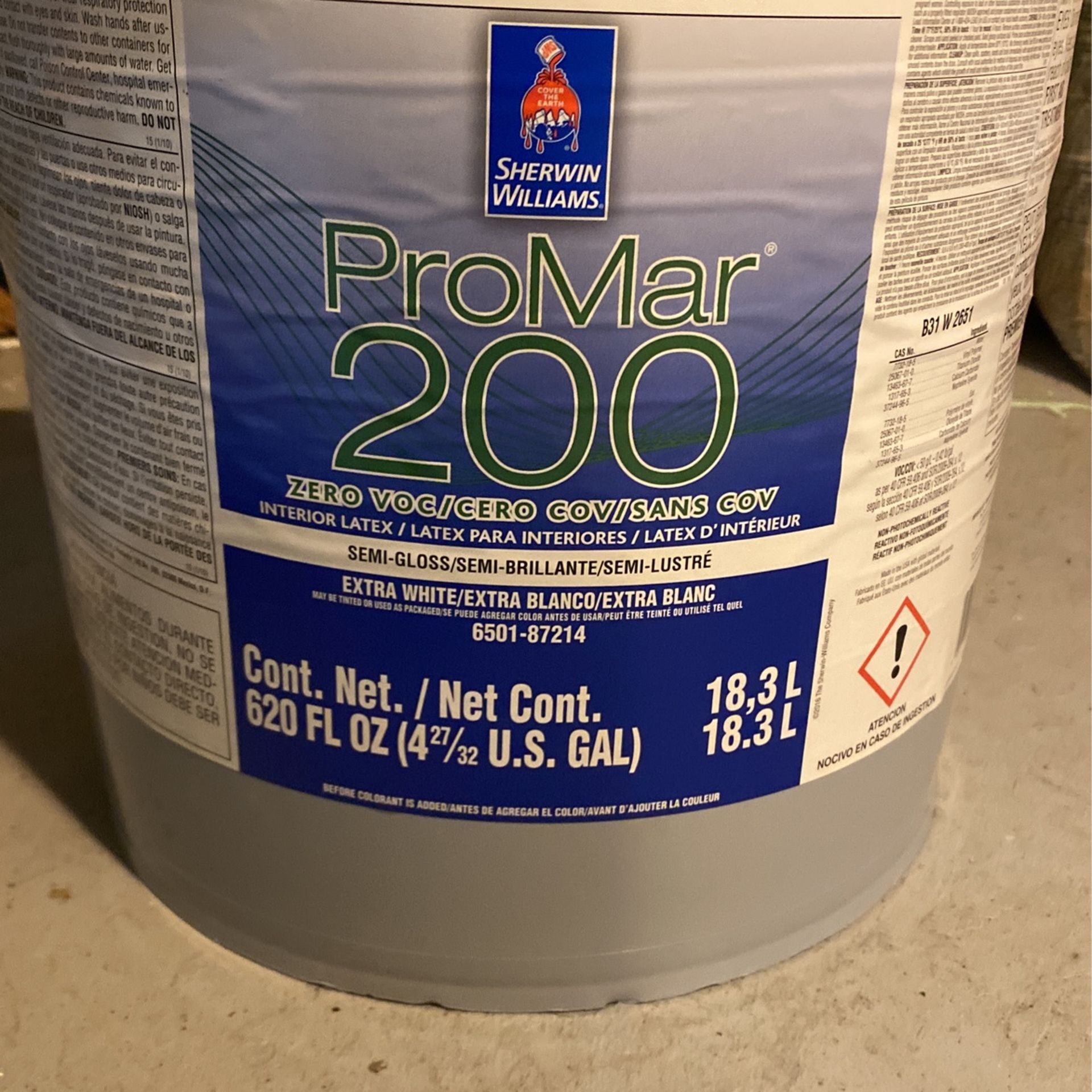 5 Gallon Sherwood Williams Promar 200 Semi Gloss White
