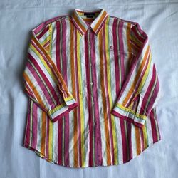 Chaps Multi Color Striped Button Up Shirt Linen Cotton Women’s Size Large