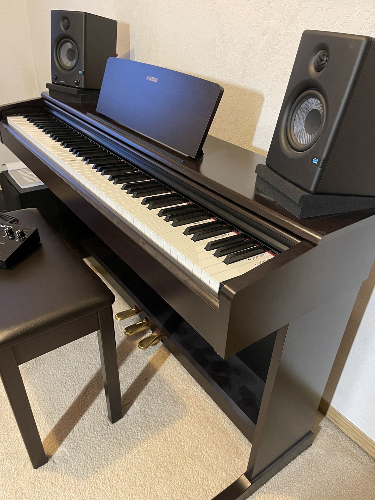 Yamaha Piano w/ Studio Monitors& Audio Interface 