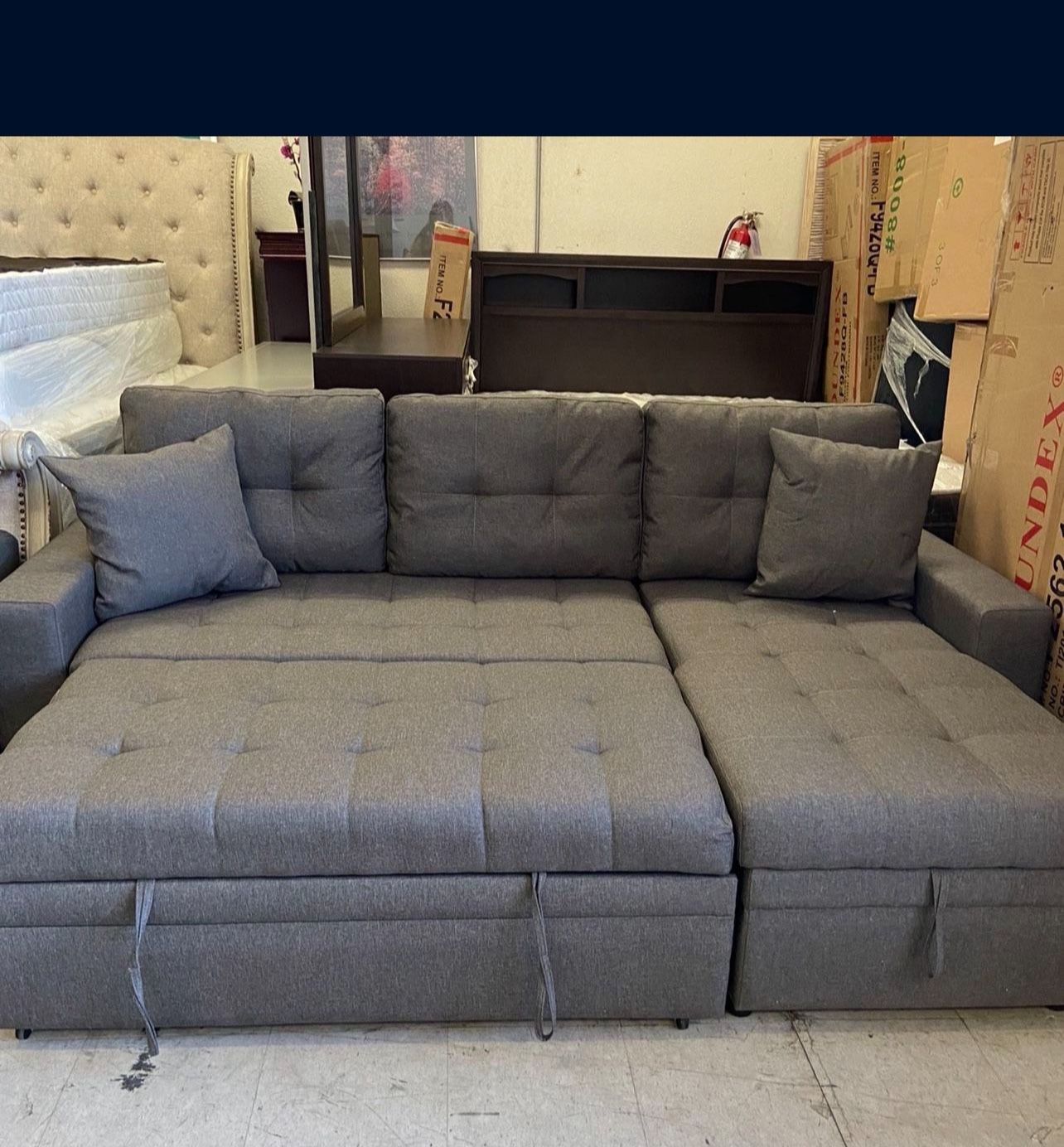 Living room set Sectional Sofa Pullout Bed W / Chaise Storage Fabric 88” X 57” x33”H. Reversible