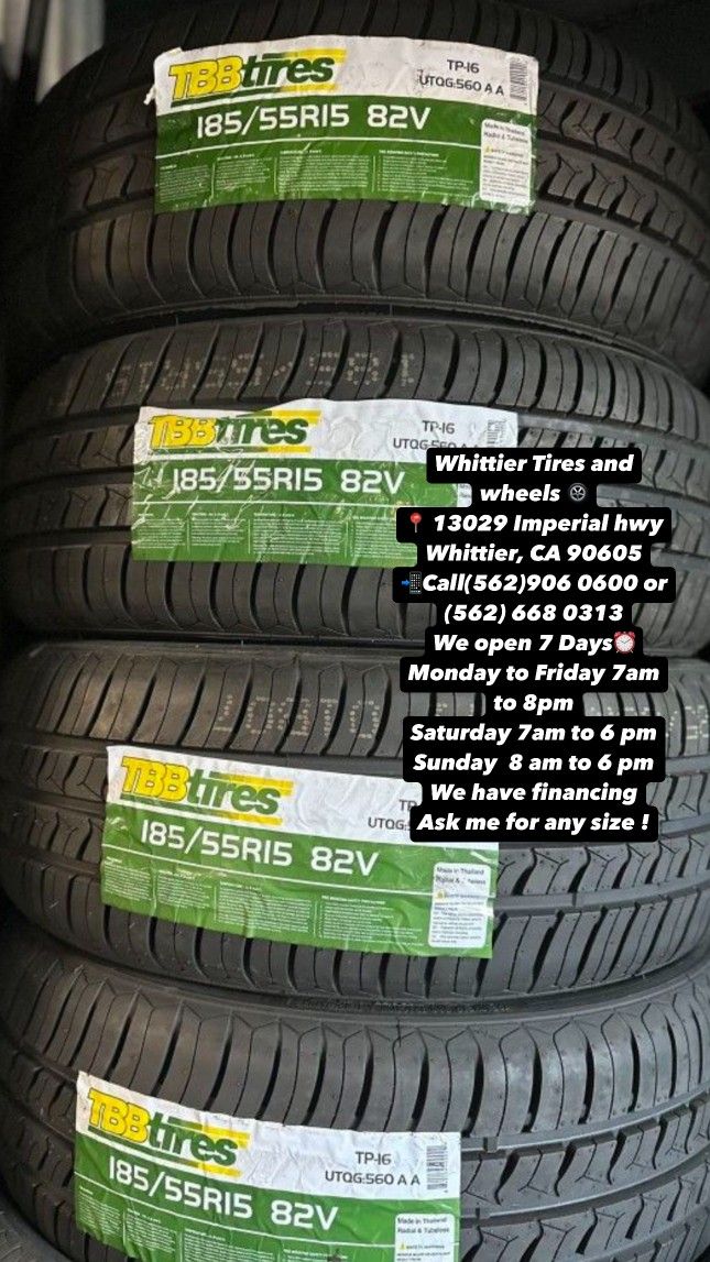 185/55R15 TBB  INCLUDING MOUNTING AND BALANCING. ASK ME FOR ANY SIZE OR BRAND WE HAVE THE BEST PRICES OF CALIFORNIA