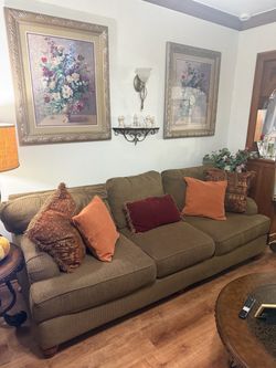 2 Large Olive Green Fabric Sofas with Throw Pillows