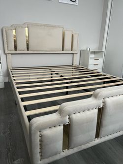 Queen Bed Frame with Velvet Upholstered