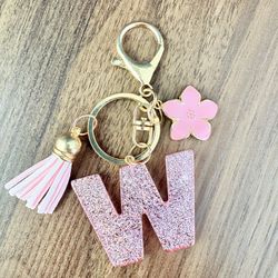 Pink Glitter Keychain Letter W