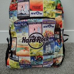 New Hard Rock Backpack Multicolor Graphic 'Travel' Poster Print Logo Canvas Fold Up