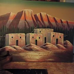 Acrylic On Canvas Native American Navajo Living Scene 30 Inches Long And 50 Inches Across 2 Inches In Depth By James Eagles