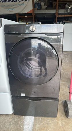Samsung Front Load Washer — Black Stainless, Stackable + Pedestal