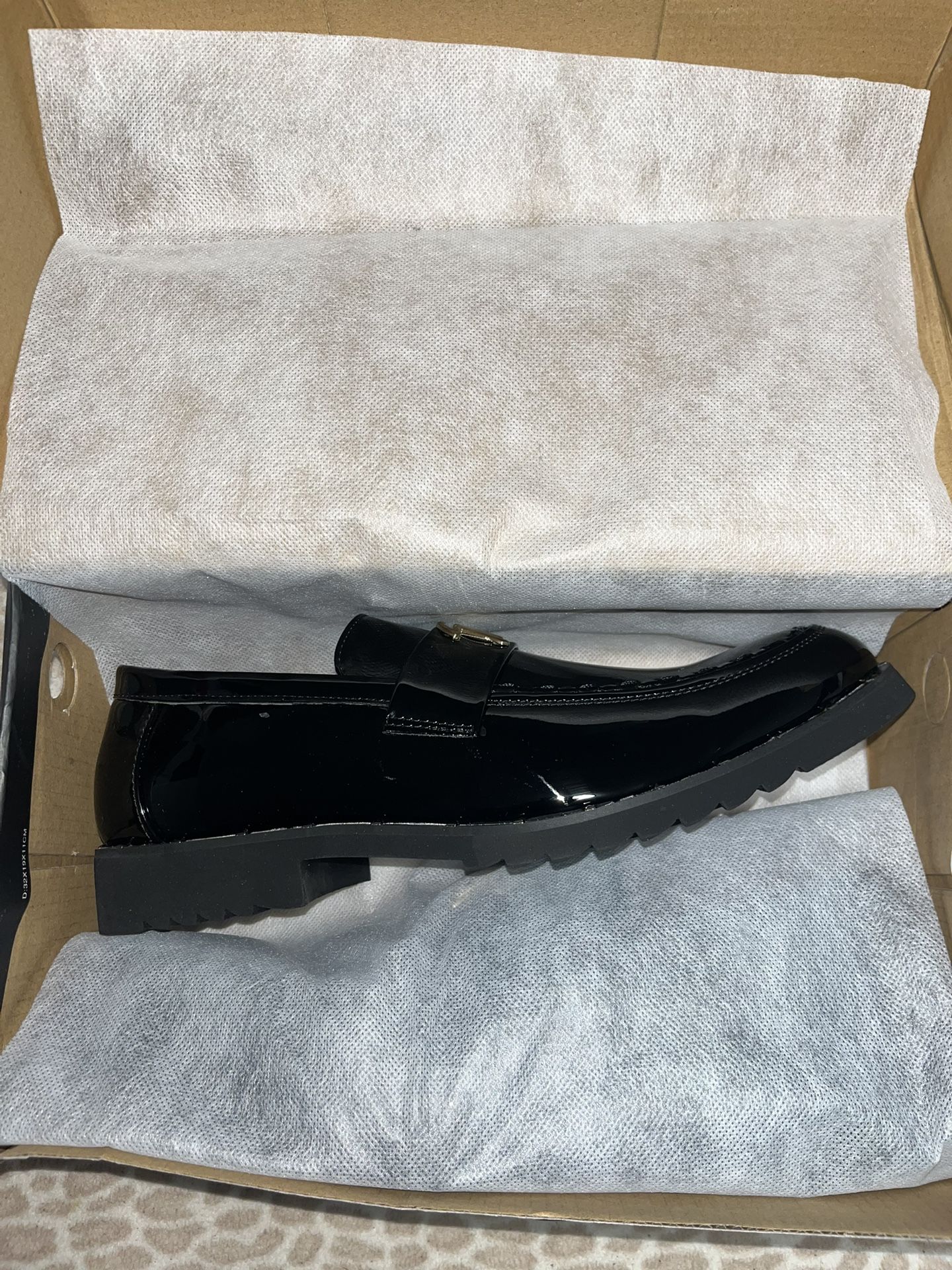 Elegant Black Dress Shoes with Gold Emblem — Brand New with Box