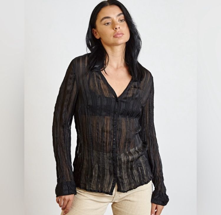 Silvousplait George Black Sheer Blouse Button Down Shirt Black Made in Korea