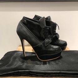 Acne Studios - Ace Lace Up Booties Ankle, Black Leather Heels, EUR 38/ US 8
