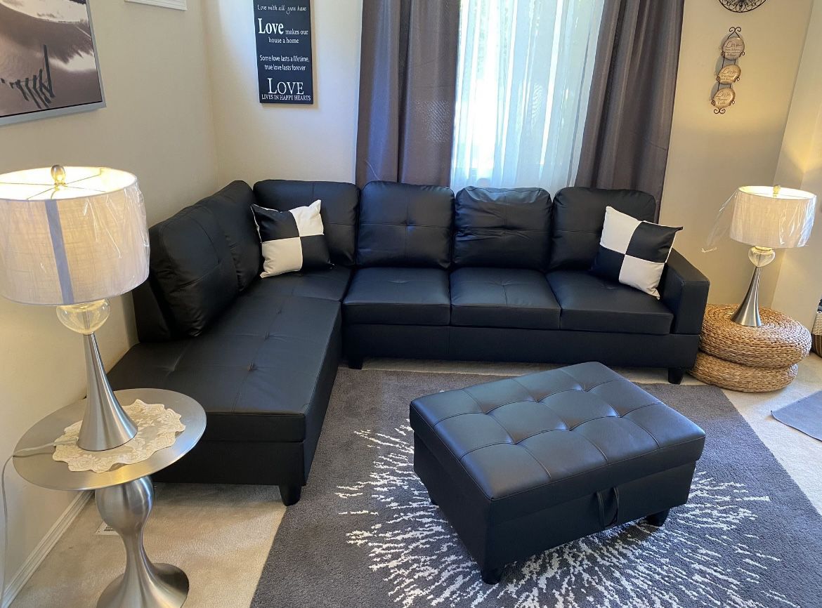 New Black Leather Sectional With Ottoman, Chaise And 2 Pillows Brand New 