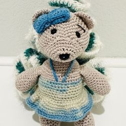 New Handmade Crocheted Teddy Bear Girl In White And Blue  Dress With A Blue Bow