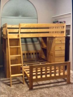 Solid Real Wood Twin Bunk Beds with Desk and Drawers