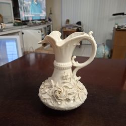 Antique Early 20th Century Irish Porcelain Belleek Pottery Aberdeen Ewer, Shaped Spout & Sctolled Handle W/Encrusted Flowers 7"H