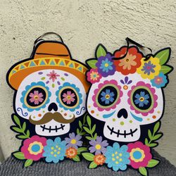 Dia De Los Muertos Sugar Skull Hanging Wall Plaque Set…