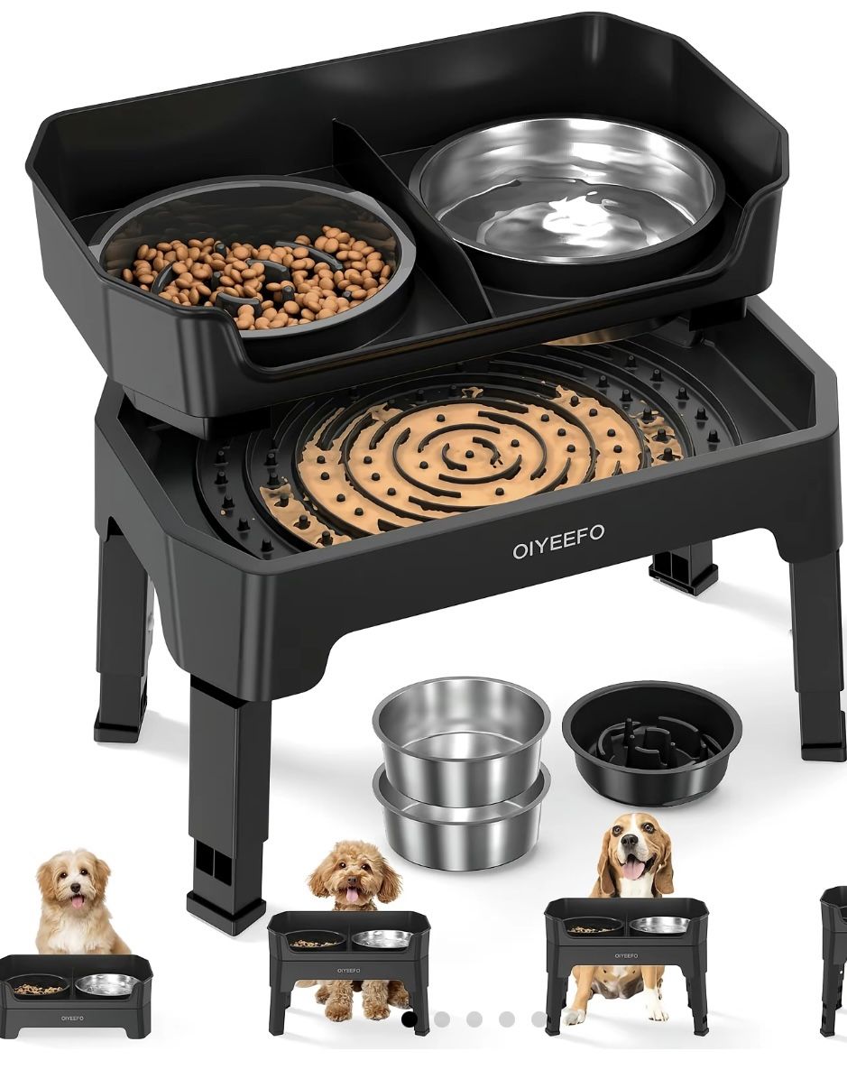 in 1 Large Elevated Dog Bowls: 4 Adjustable Height Raised Dog Bowl Stand with Mess Proof Design - Slow Feeder Licking Plate with 2 * 53oz Food Bowls