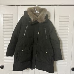 Michael Kors Women's Navy Faux-Fur-Collar Hooded Down Puffer Coat XL New Olive