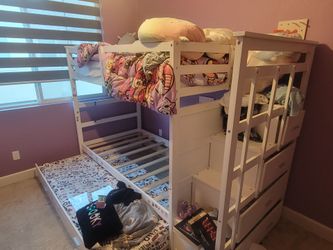 White Wood Bunk Bed with Stairs and Trundle