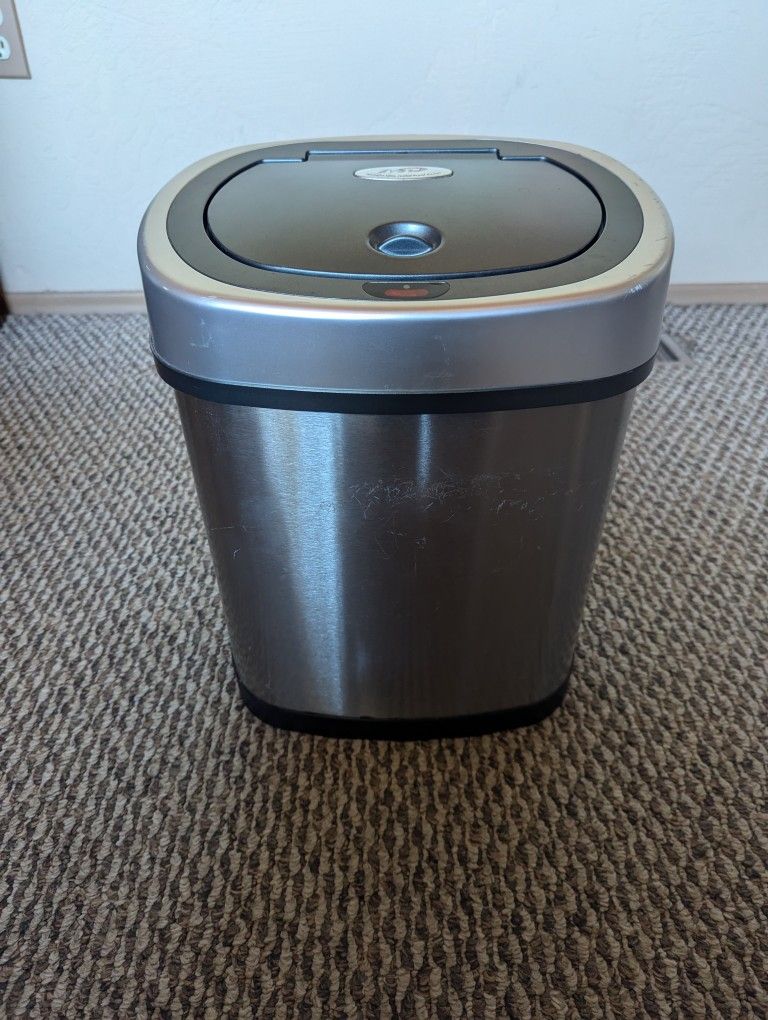 Hands-Free Trash Can 2 Gallon Kitchen Office Size Touch free Simple Human Battery Powered Auto Opening Stainless Steel Metal Waste Basket Rubbish Bin