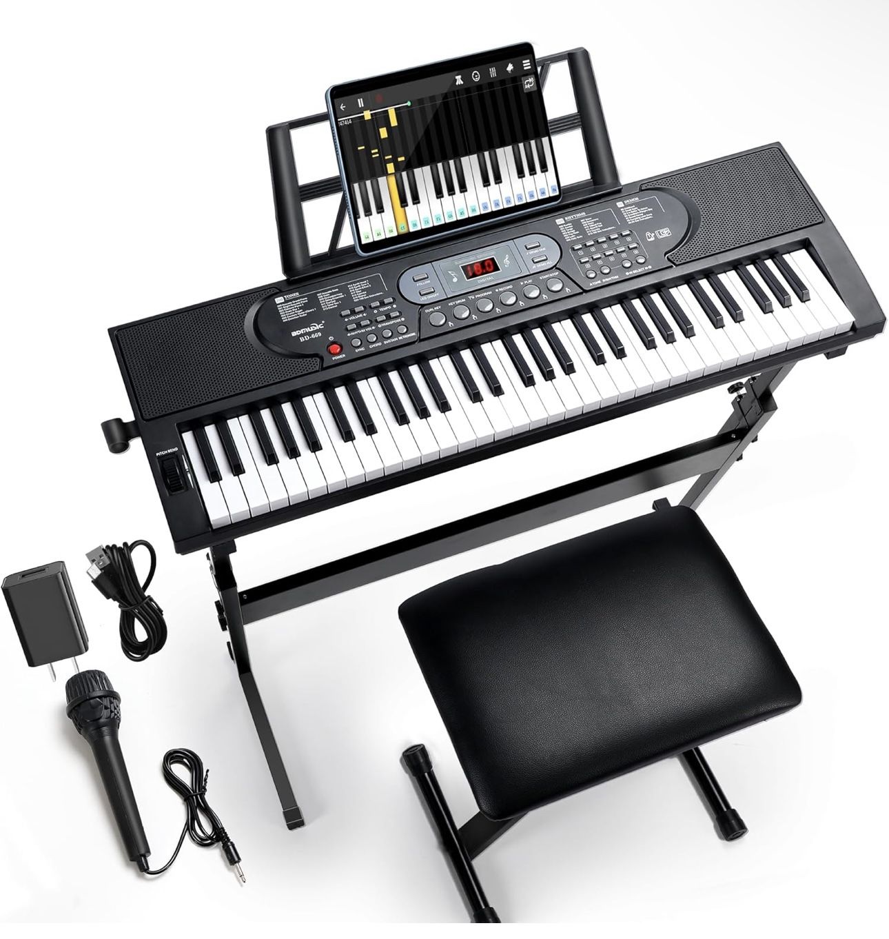 Rengue 61 Keys Keyboard Piano, Electric Digital Piano Set for Beginners, Learning Piano with Speakers, Microphone, Stand, Foldable Bench, Sheet Music