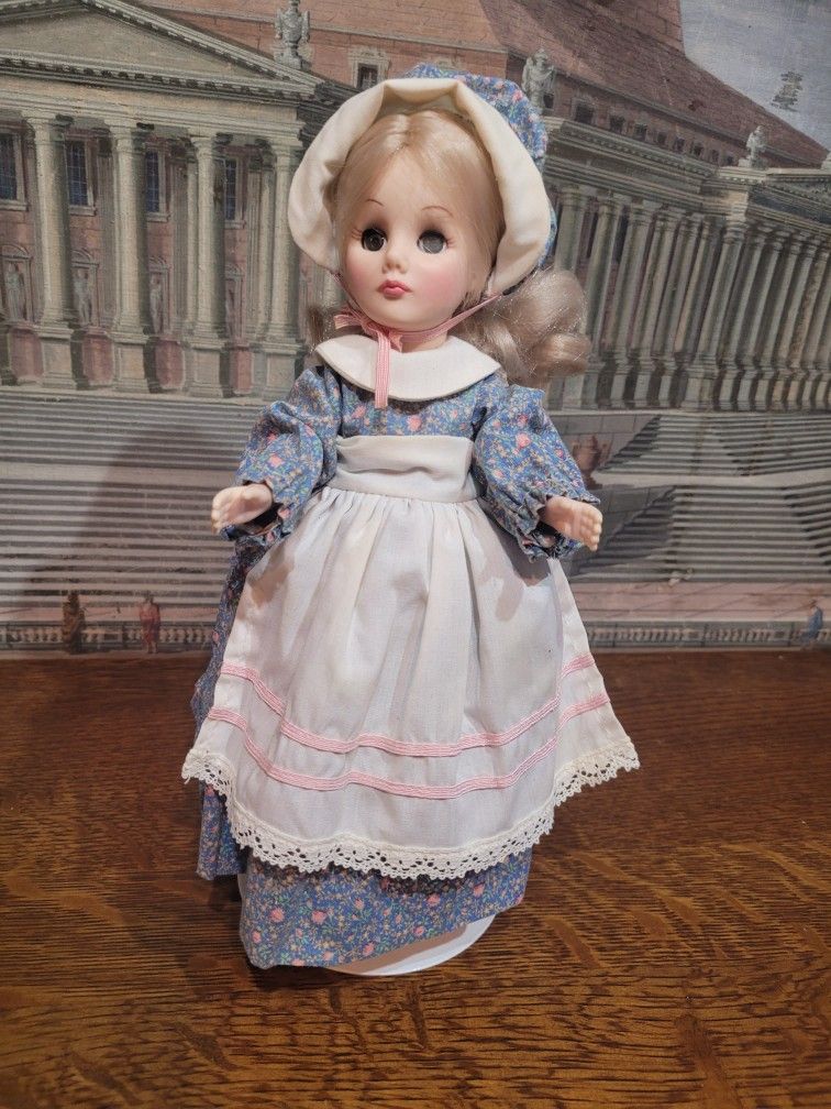Vintage 1979 Effanbee Grands Dames Four Seasons Summer Doll #1232 - 11" Blonde Vinyl Pioneer Lass in Blue Calico Dress, Apron & Bonnet
