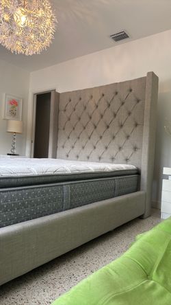 Queen Bed Frame with Box Spring Beautiful Grey Canvas Type Material