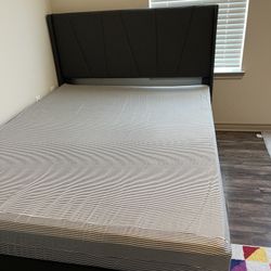 Queen Size Upholstered Platform Bed Frame with Wingback & Geometric Headboard, Dark Grey