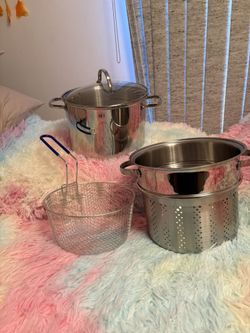A Quart Stainless Steel Pasta Pot With Colander And Deep Fryer Insert