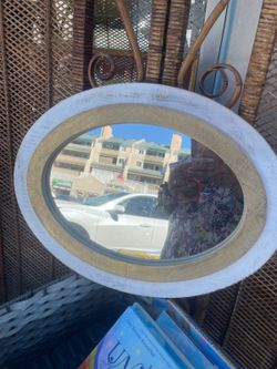 White wood oval mirror 18 by 14