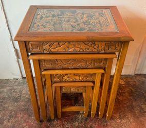 Set of 4 Vintage Chinese Carved Nesting Tables