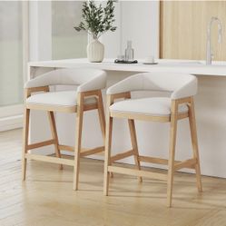 Y45 Modern Counter Height Bar Stools Set of 2, Fabric Upholstered Barstools with Barrel Back, 26" Oak Wooden Kitchen Island Stools Comfy Counter Stool