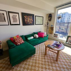 Green Velvet Left Hand Facing Sofa and chaise 