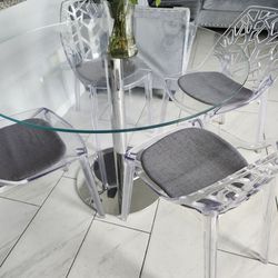 Italian Glass/ chrome Dining Set With 4 Chairs And Washable Cushions
