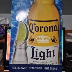 Corona Light Beer Bottle Metal Tin Tacker Sign, 24" x 17"