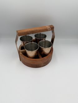 Wooden Caddy & 4 Short Class Cooper Plated Stainless Steel + Real Wood