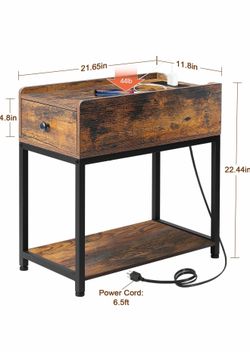 End Table Slim Nightstand with Charging Station,  with Fabric Drawer for Bedroom, Small Space, Rustic Brown