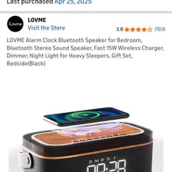LOVME Alarm Clock Bluetooth Speaker for Bedroom, Bluetooth Stereo Sound Speaker, Fast 15W Wireless Charger, Dimmer, Night Light for Heavy Sleepers, Gi