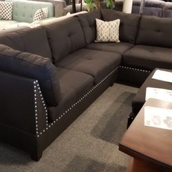 Brand New 104" x 75" Black Linen Reversible Sectional + Ottoman
