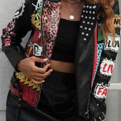 Faux Leather Jacket For Women Studded Floral Motorcycle Biker Short Lapel Coat