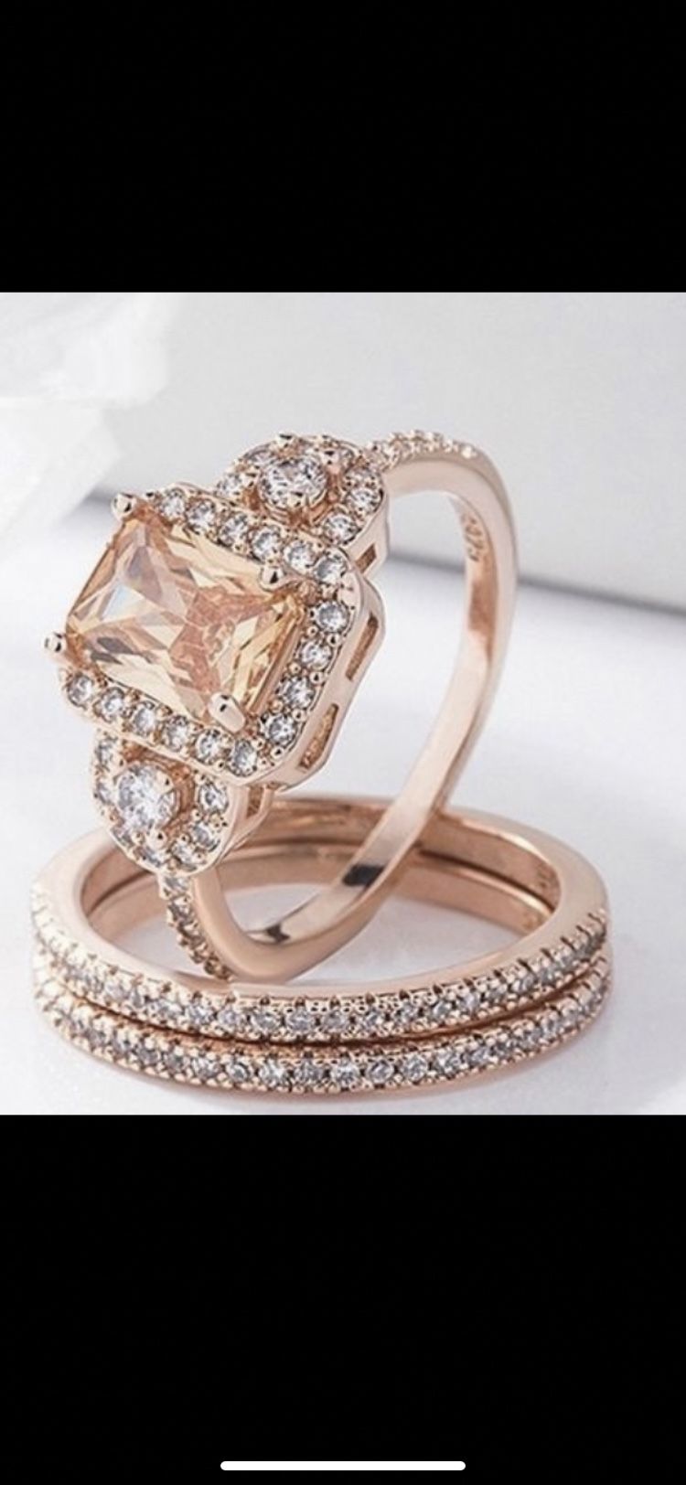 Luxurious Rose Gold Over 925 Sterling Silver Emerald Cut Morganite And White Sapphire Timeless Engagement WeddingBand Set