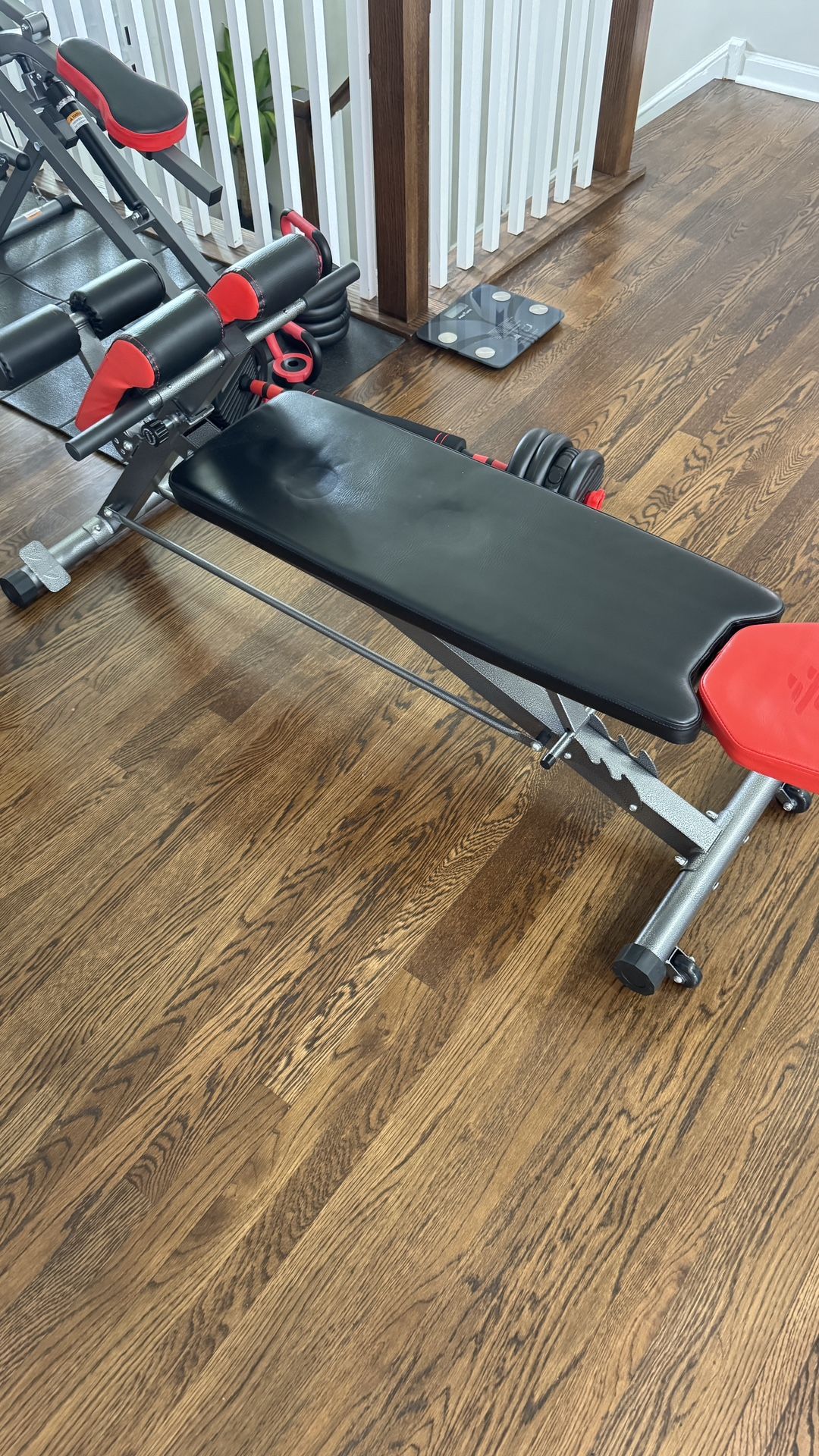 Bench For sit ups, and 20-30 pound adjustable dumbells