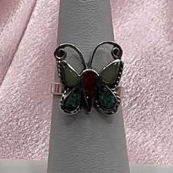 Navajo Sterling, Silver, Turquoise, Coral And Mother Of Pearl Size 5 3/4 Ring