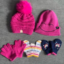 Girls Toddler Size S 2T-4T  Beanies & Gloves Bundle Total of 5 Pieces