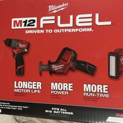 M12 FUEL 12-Volt Li-lon Brushless Cordless Hammer Drill Combo Kit, Reciprocating Saw, Flood Light w/2 Batteries (3-Tool)