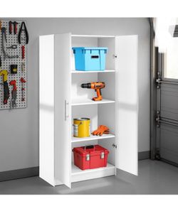 Adjustable Shelves Cabinet - Functional Tall Garage Table, 16"D x 32"W x 65"H Freestanding Garage Cabinet with 2-Doors, White, New in Box